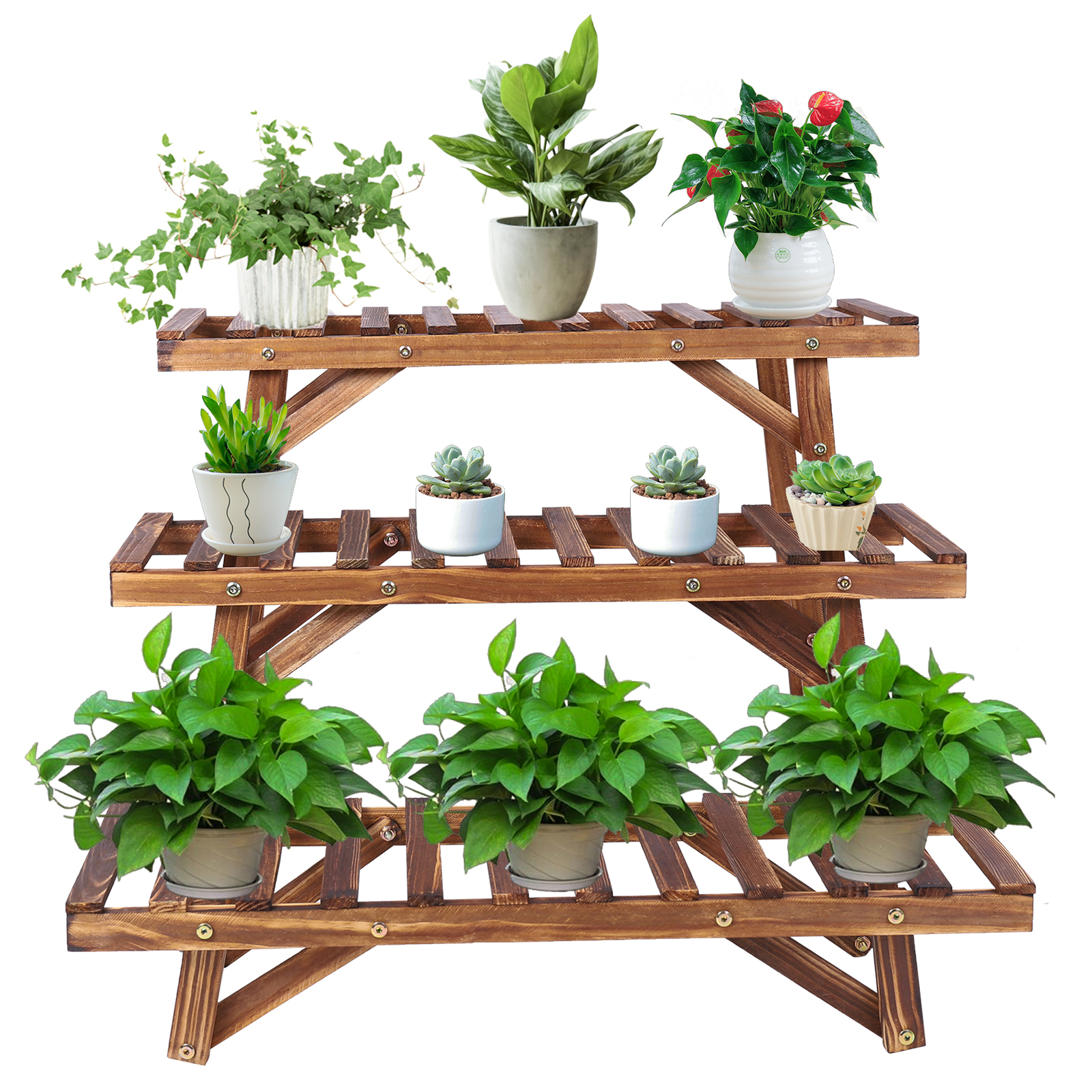 Large Wood Tier Shelf Flower Plant Display Stand Rack Freestanding Movable Bench