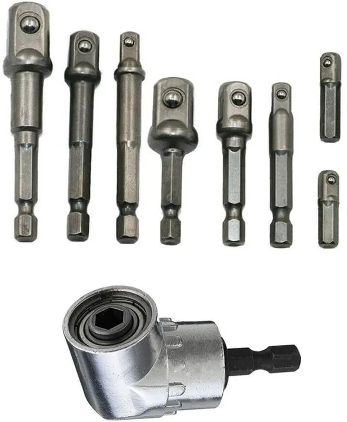 9 Pcs Socket Adapter Impact Hex Shank Drill Bits Set 1/4" 3/8" 1/2" Right Angle