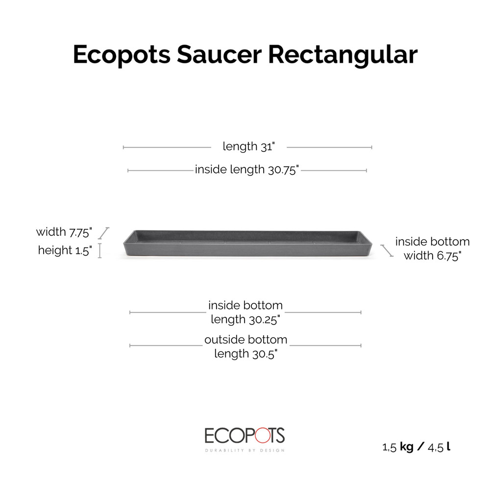 Ecopots Modern Recycled Plastic Rectangular Planter Saucer, Grey, 31"
