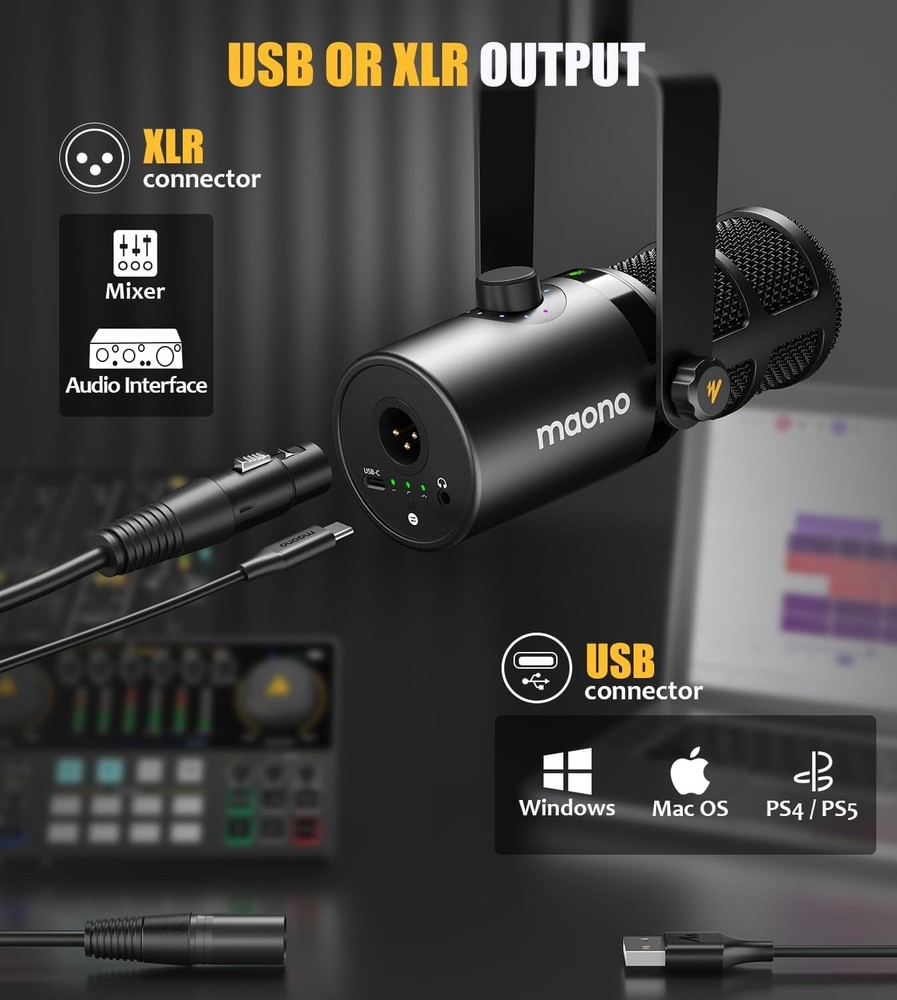 MAONO Dynamic Microphone, USB/XLR Podcast PC Microphone with Software, Black