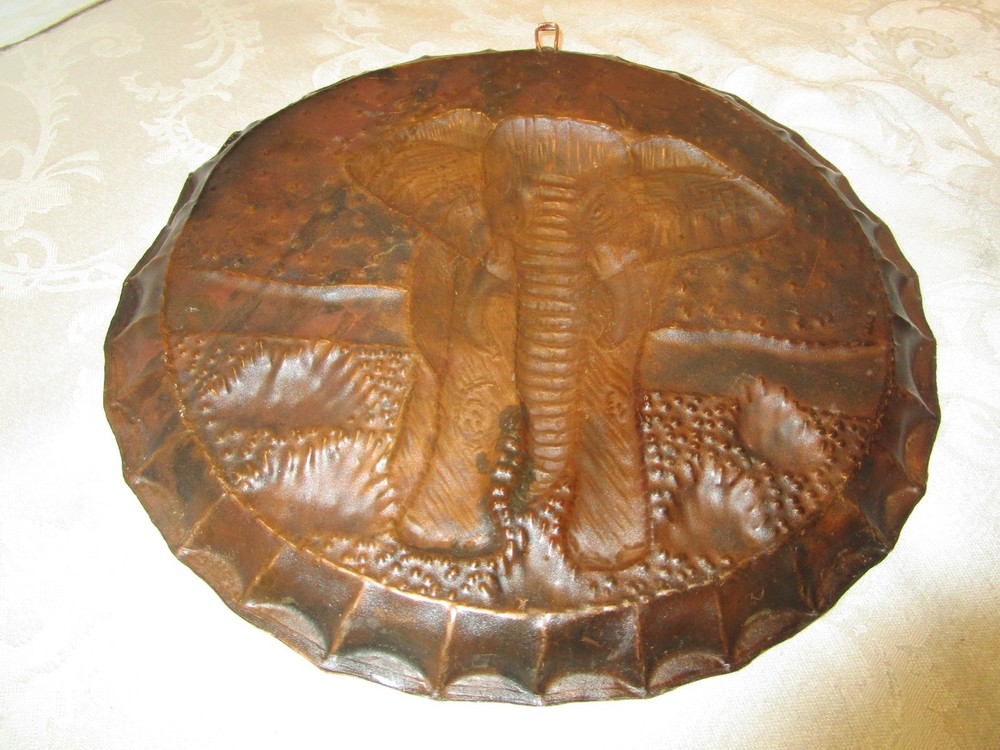 Vintage Wall hanging solid Copper Embossed plaque Elephant Scene Hammered 10.25”