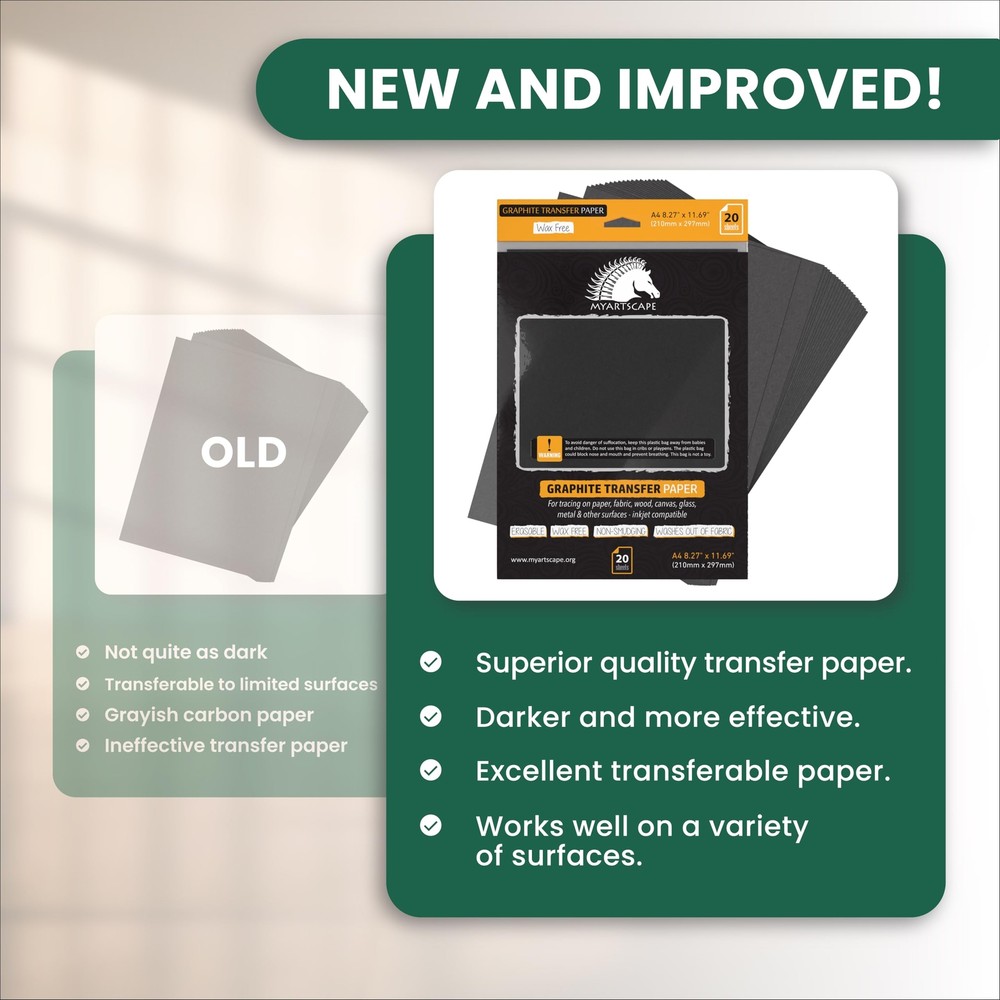Graphite Transfer Paper 20 Black Sheets - Wax Free - Erasable - 20 sheets