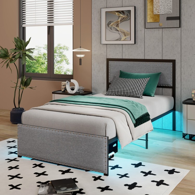 Twin Size Upholstered Bed Frame w/ LED Light Rolling Storage Drawer & Metal Slat