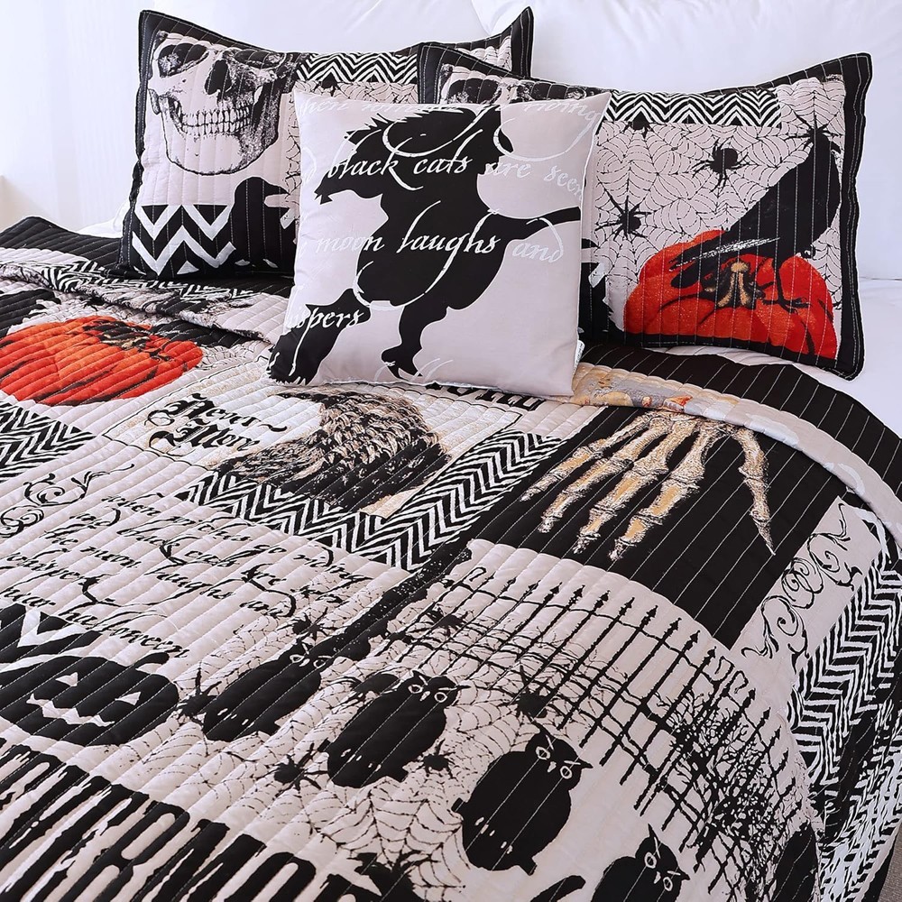 4 Piece Halloween Quilt Set Queen Size Bedspread Pumpkin Ghost Coverlet 90"x90"