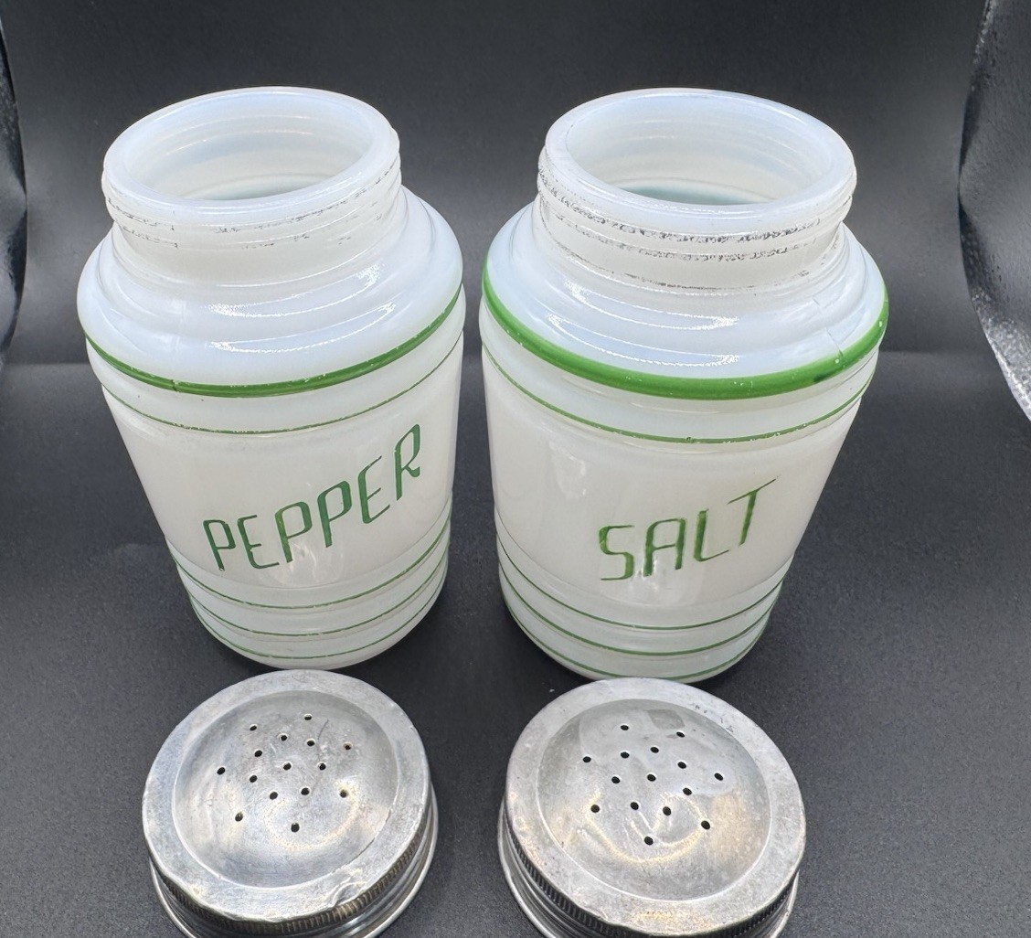 HAZEL ATLAS White Milk Glass Green Letters 1940s Ribbed Salt Pepper Shakers Set