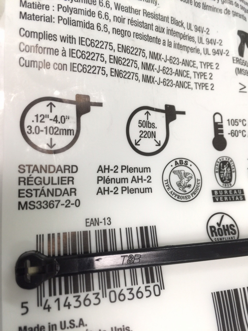 Thomas & Betts Ty-Rap TY28MX 14.2" 50lb UV Black 1,000/bag