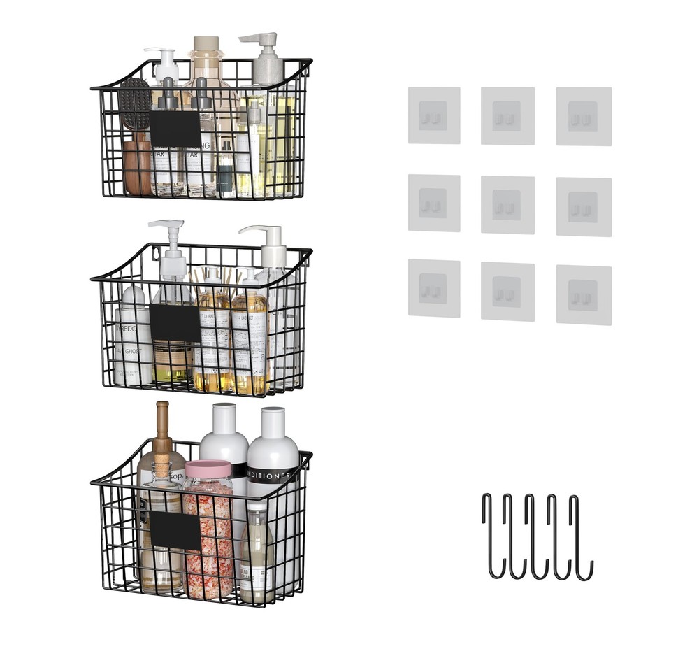 3-Pack Wall Mount Basket with Hooks & Label Plate for Kitchen & Bathroom