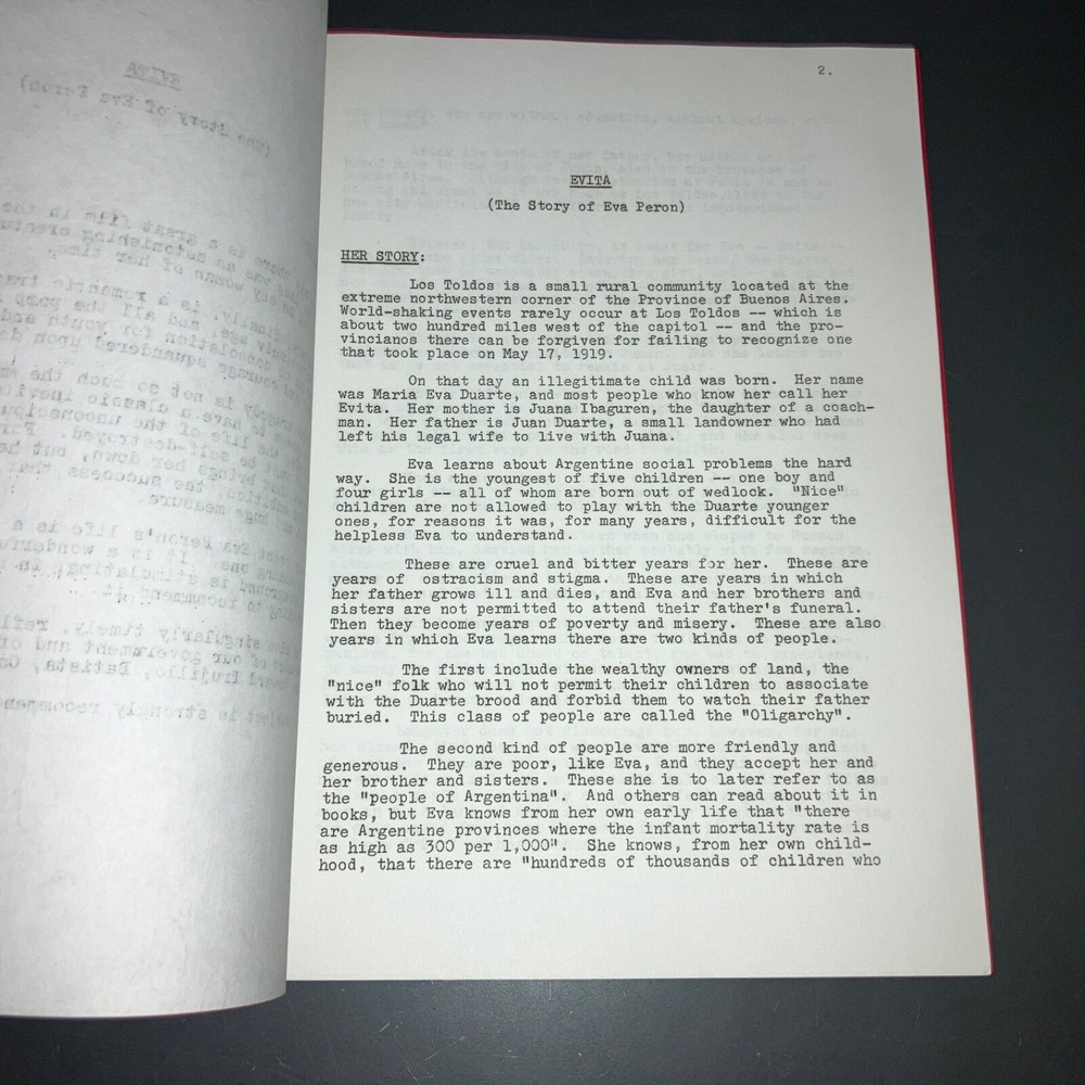 EVITA (c1940-50s) Selznick EVA PERON Script Development Report & Synopsis + COA!