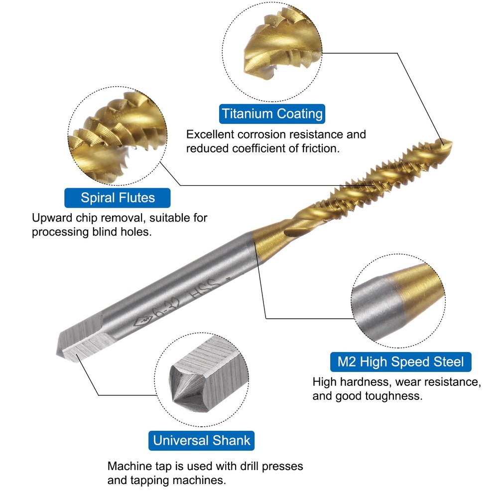 Spiral Flute Thread Taps 6-32 UNC 2B Titanium Coated Screw Threading Tapping