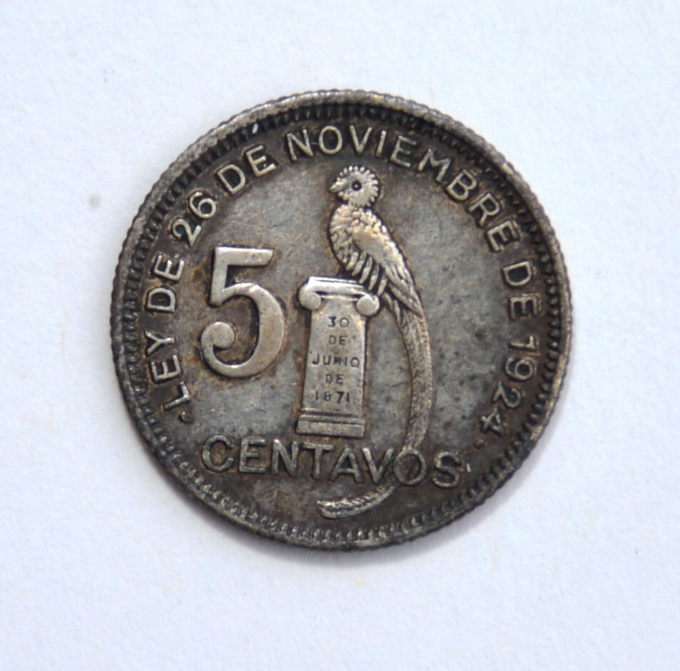 1934 Guatemala 5 Centavos.  Silver coin.  0.720