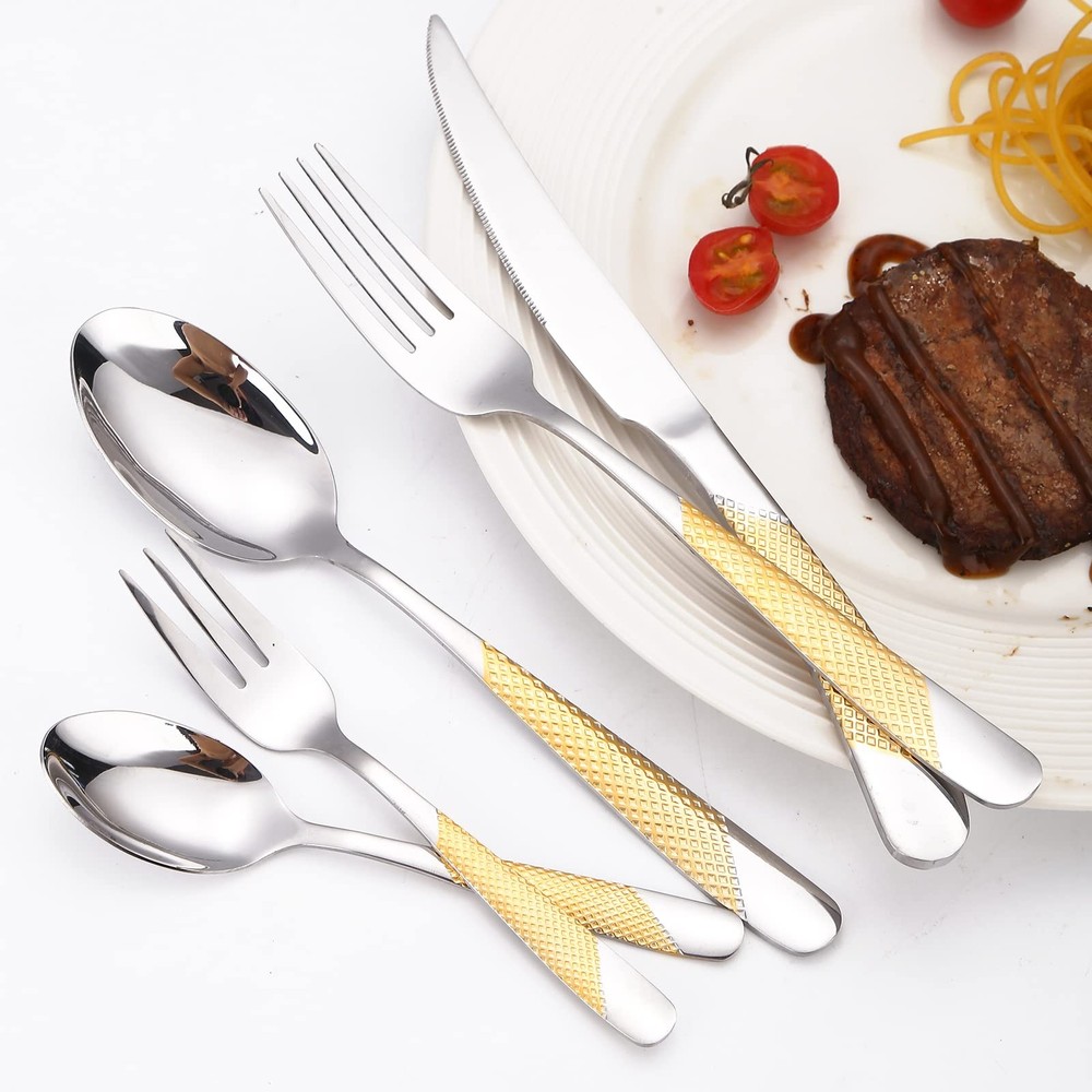 Gold Silver Hammered Silverware Set for 4 Stainless Steel Flatware