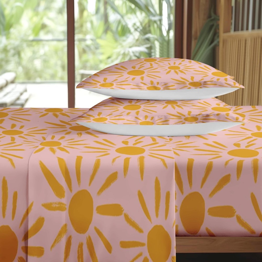 Pamnest Twin Size Bed Sheet Sets, Yellow Boho Sun Soft Microfiber 3 Pcs Beddi...