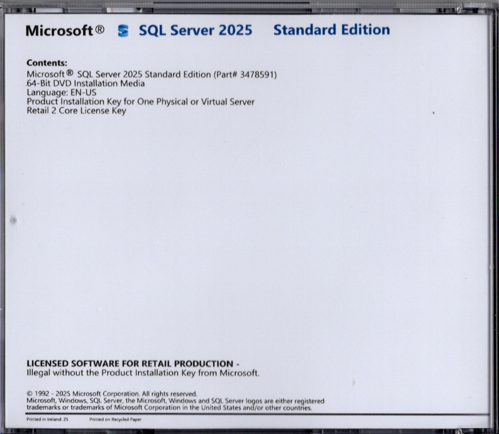 Microsoft SQL Server 2025 Standard with 2 Core License, unlimited User CALs