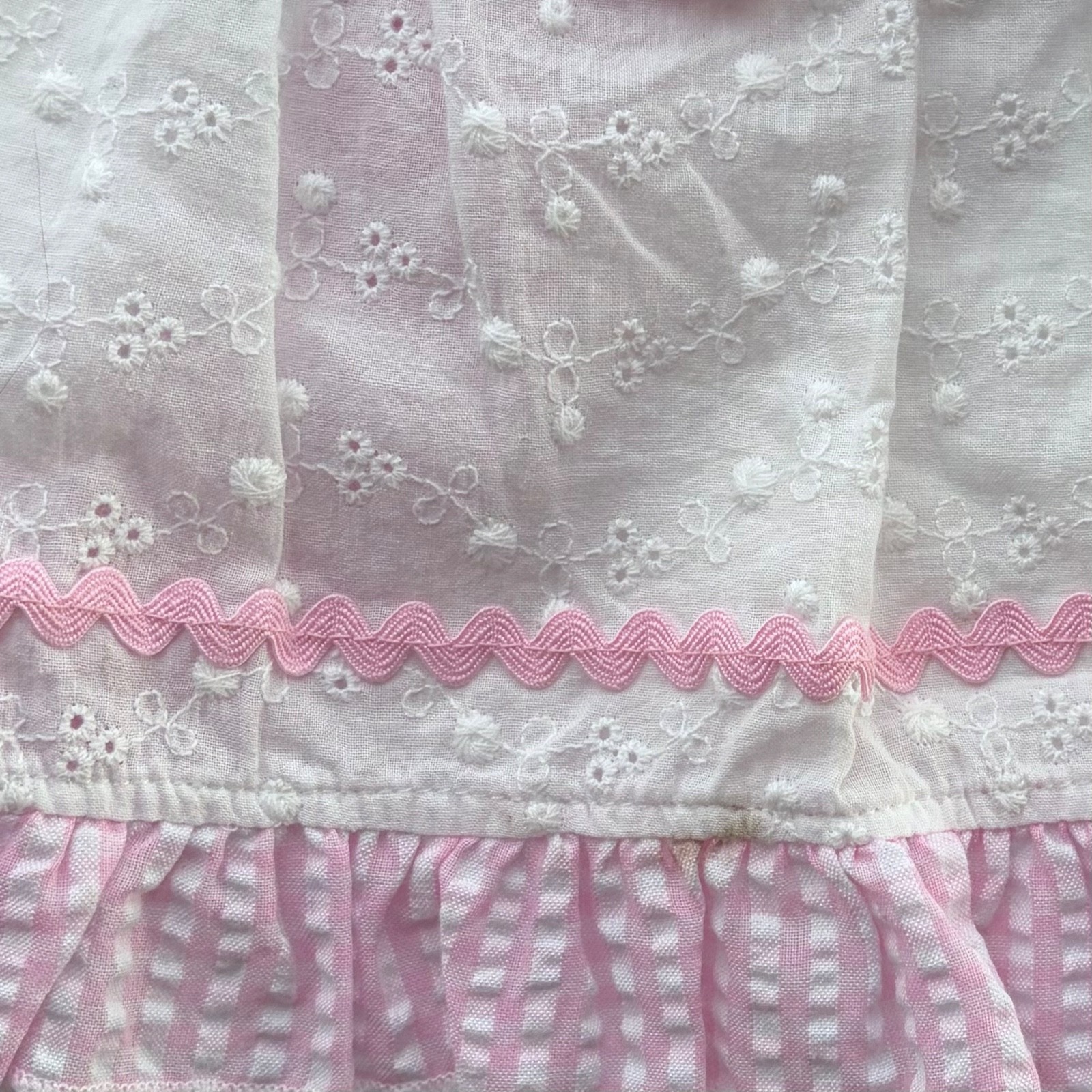 New Baby Essentials Baby Girls Pinafore Dress White Eyelet/Pink Seersucker Sz 6M