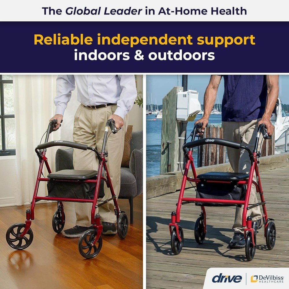 Red Rollator Walker with Seat | Height Adjustable & Foldable Design for Comfort