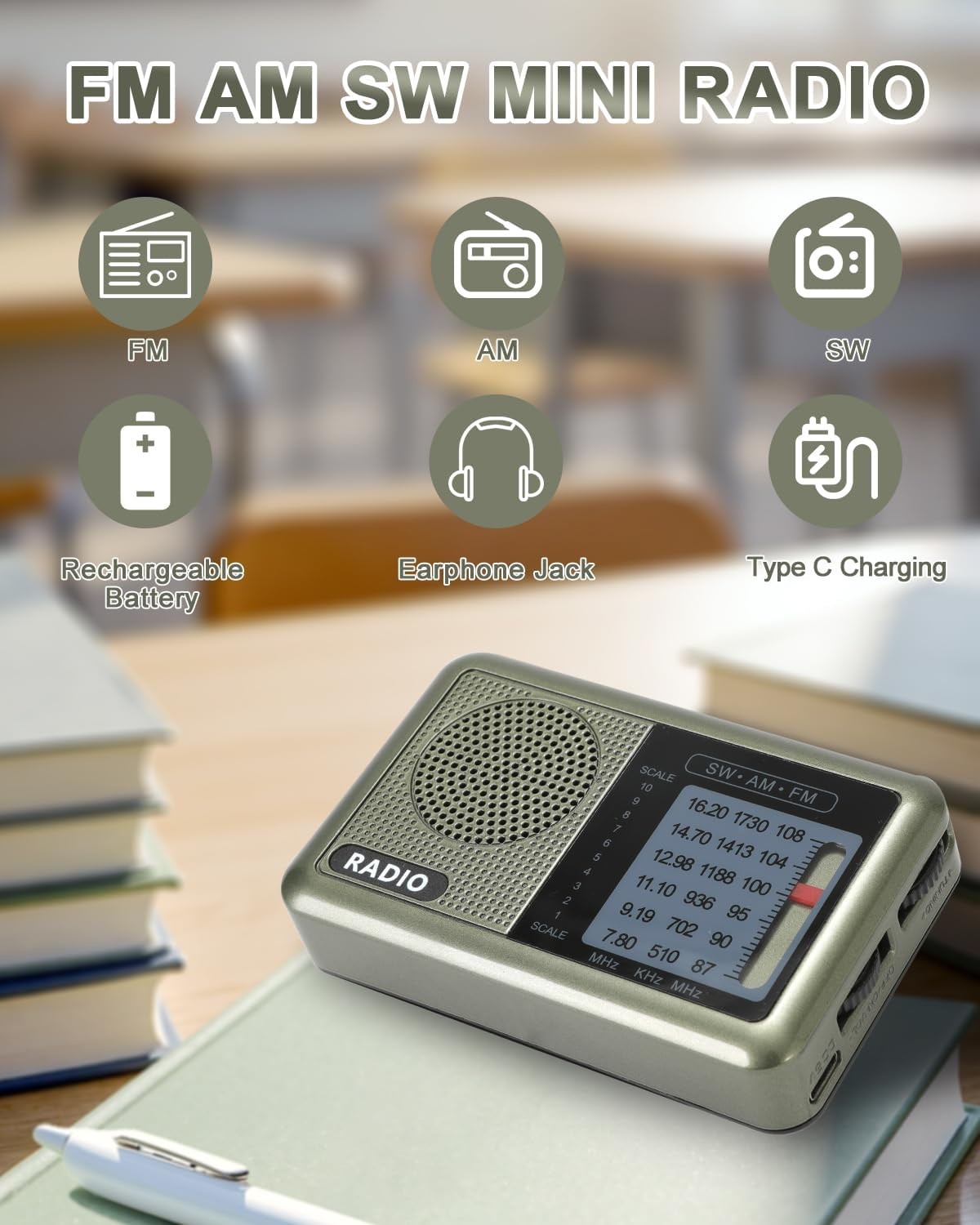 3 Band Mini Pocket Radio with Rechargeable Battery, Portable FM AM Shortwave R..