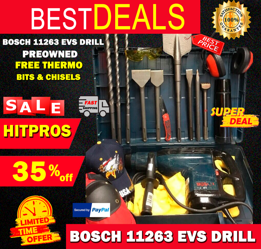 BOSCH 11263 EVS DRILL PREOWNED, FREE THERMO, BITS AND CHISELS, FAST SHIP