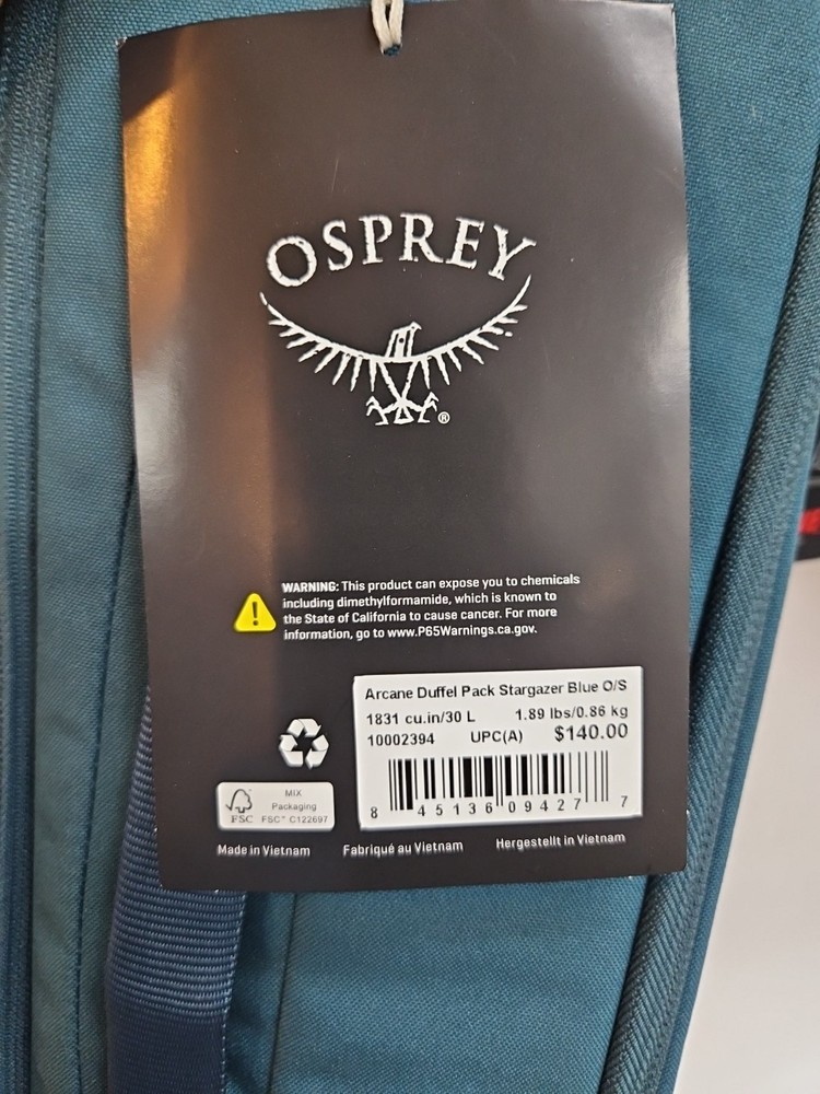Osprey Arcane Duffel Bag/Backpack 30L. Stargazer Blue.