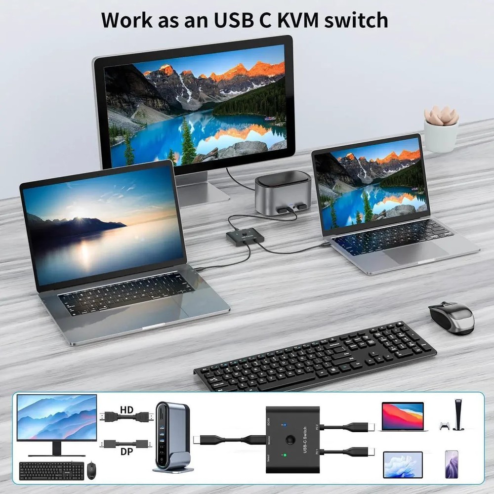 USB C Switch, Bi-Directional USB C Switcher, 2 Computers - USB Type C KVM Switch