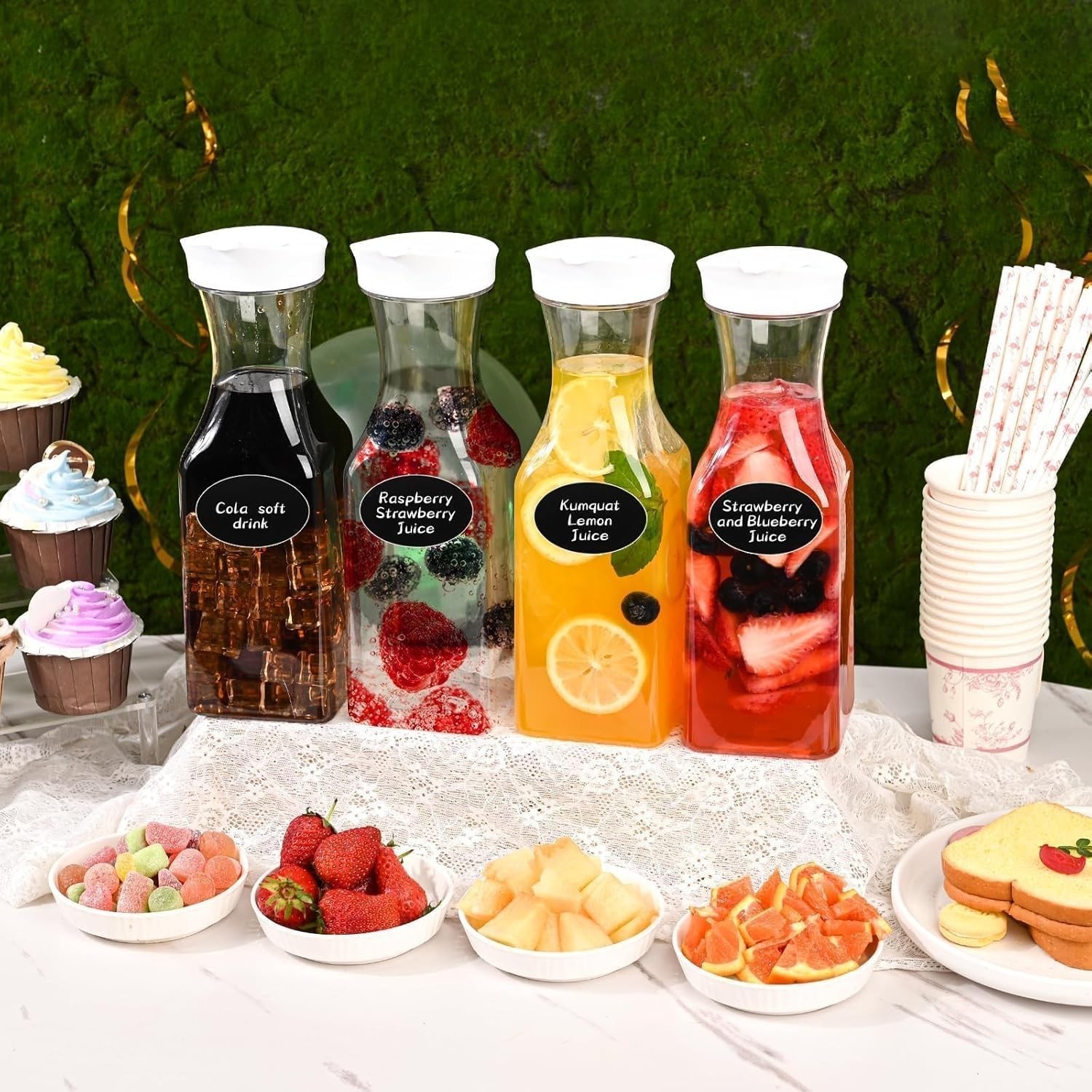 Set of 4 Plastic Carafe with Lid, 1 Liter Mimosa Bar Supplies, Large Square B...