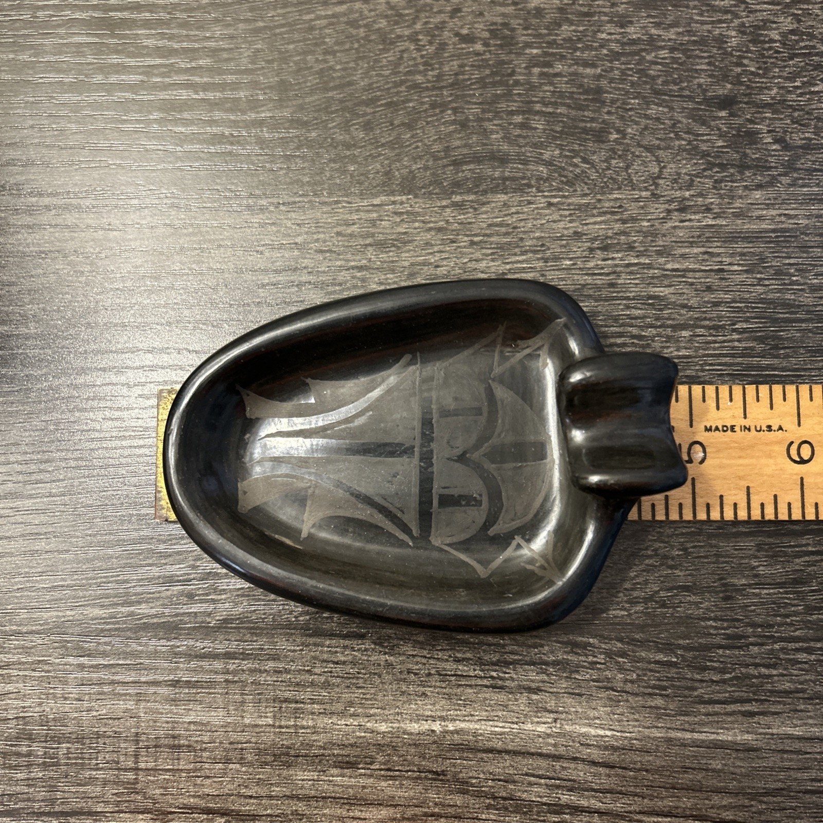 Santa Clara Pueblo Pottery Ashtray Black on Black Arrowhead Artist Signed