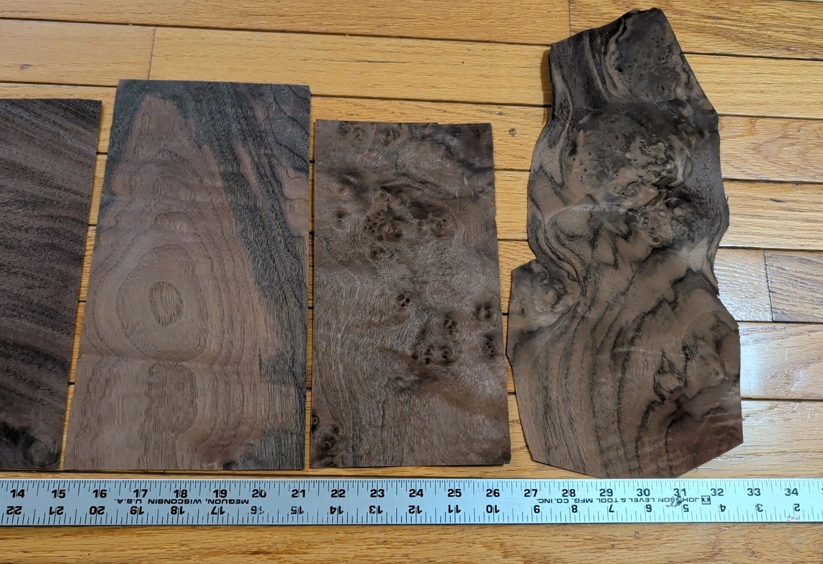 Walnut veneer 6" & 5" wide x 10" each and 1/42" 5 pieces wood raw
