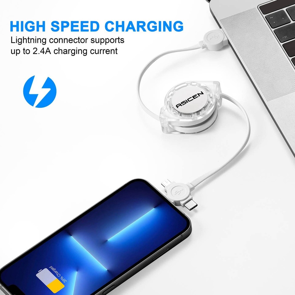 3 in 1 Retractable Multi Charging Cable, 2Pack Fast Cord White