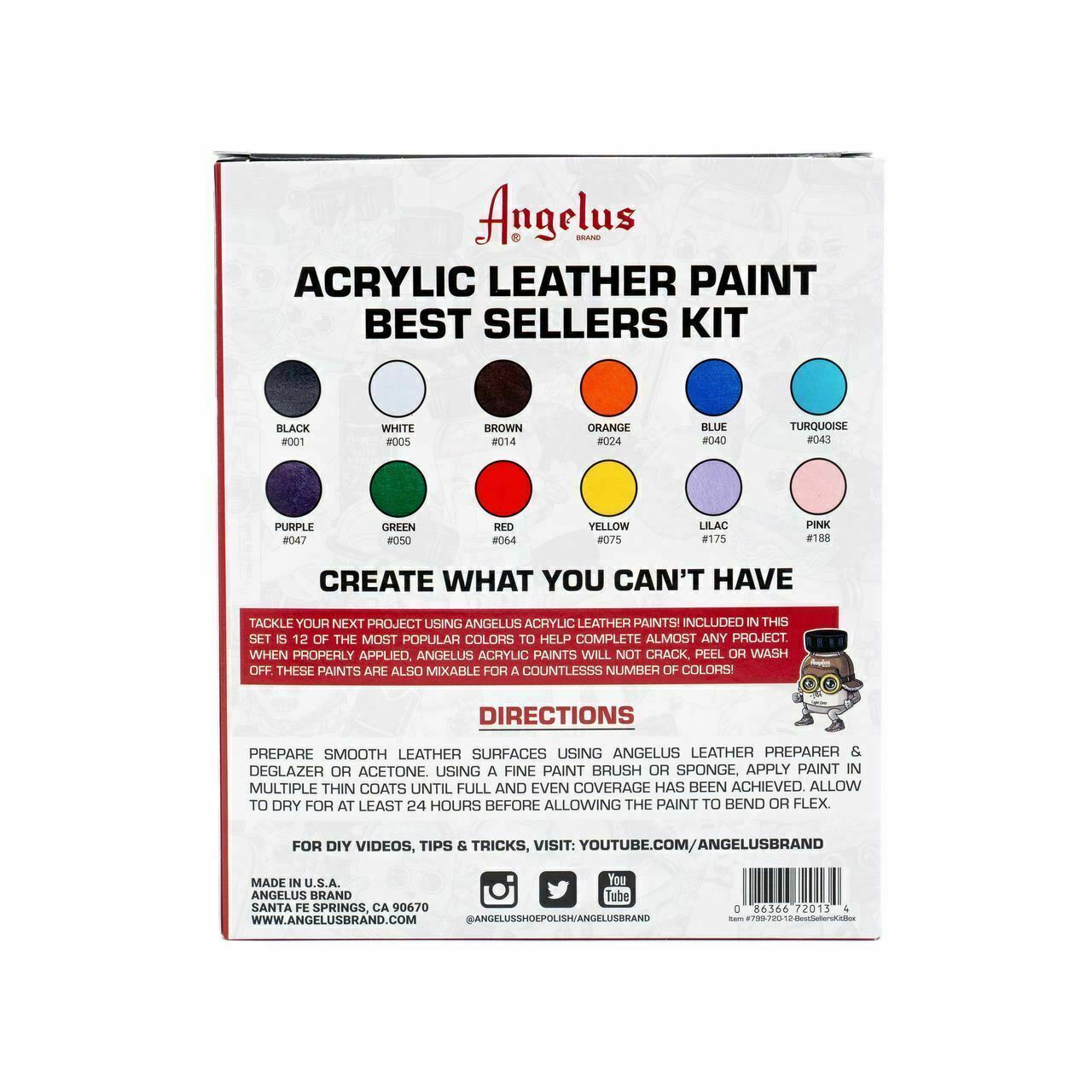 Angelus Acrylic Leather Paint Best Sellers Kit (12 Colors / 1 oz)