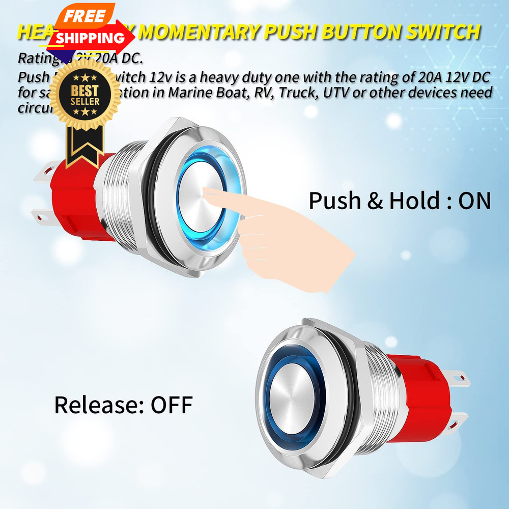 Momentary Push Button Switch 20 Amp 12V Start 19mm SPST Silver