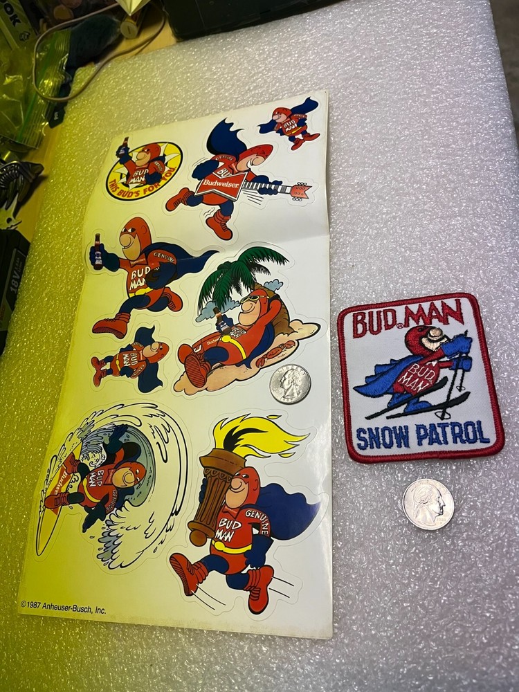Budweiser Budman snow Patrol Patch and Stickers C 1987