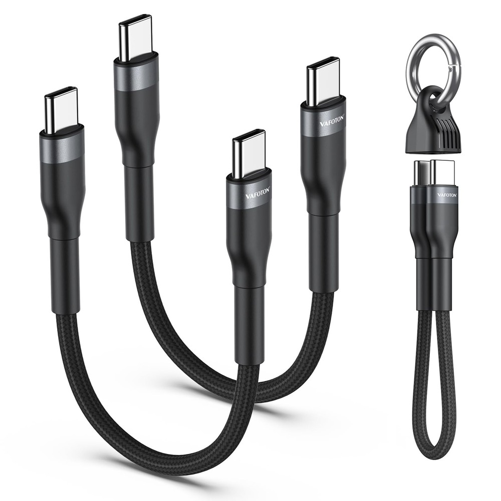 PD 60W Short USB C Cable (2 Pack), Keychain 6 Inch C 2 Pack, Black