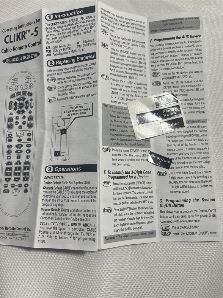 CLIKR-5 remote control Setup Codes manual Instructions Ur5u-8780L Ur5u-8790L
