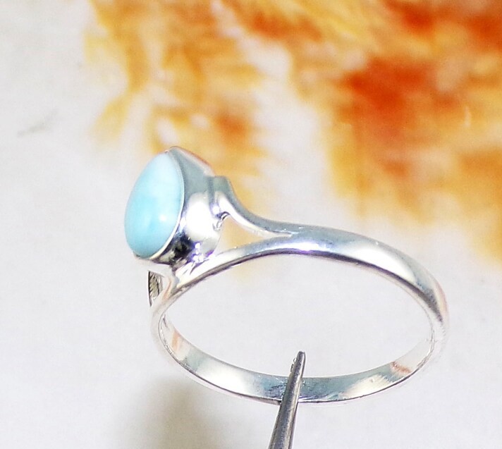 Solid 925Sterling Silver Natural Larimar Pear Blue Gemstone Handmade Womens Ring