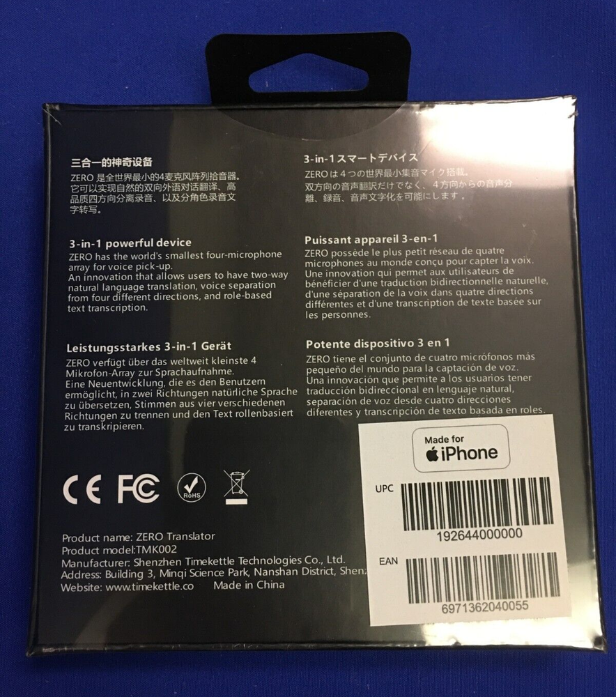 Timekettle Zero Translator Device for iPhone IOS - Black - NEW