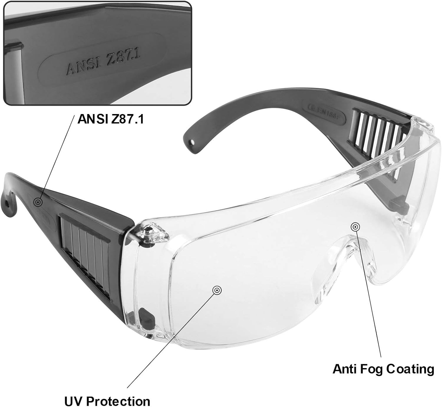 Shooting Glasses Over Eyeglasses, AntiFog Safety Clear Lens