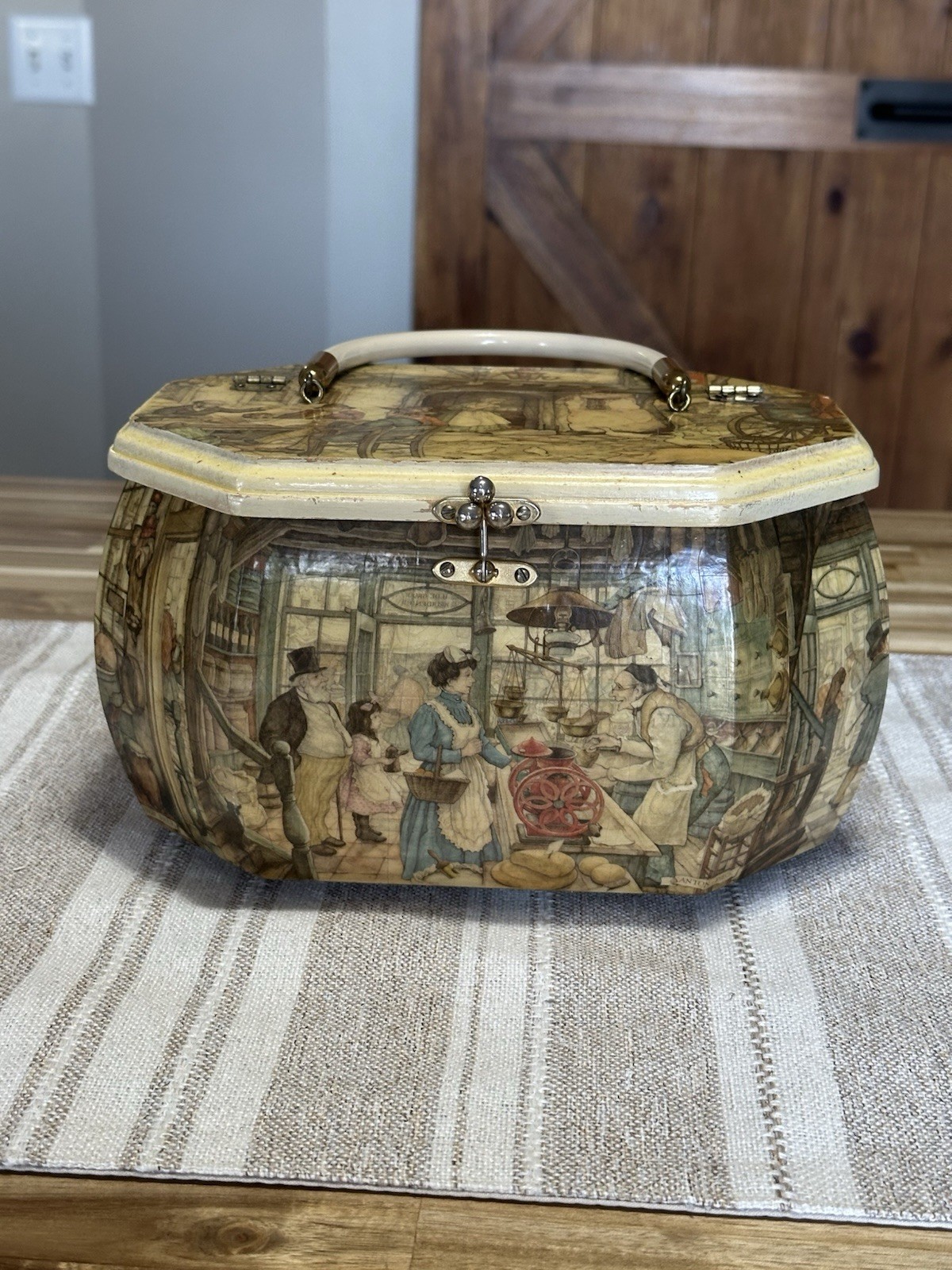 Anton Pieck Wooden Octagon Box Purse w/ Handle 9.5"×6" Vintage