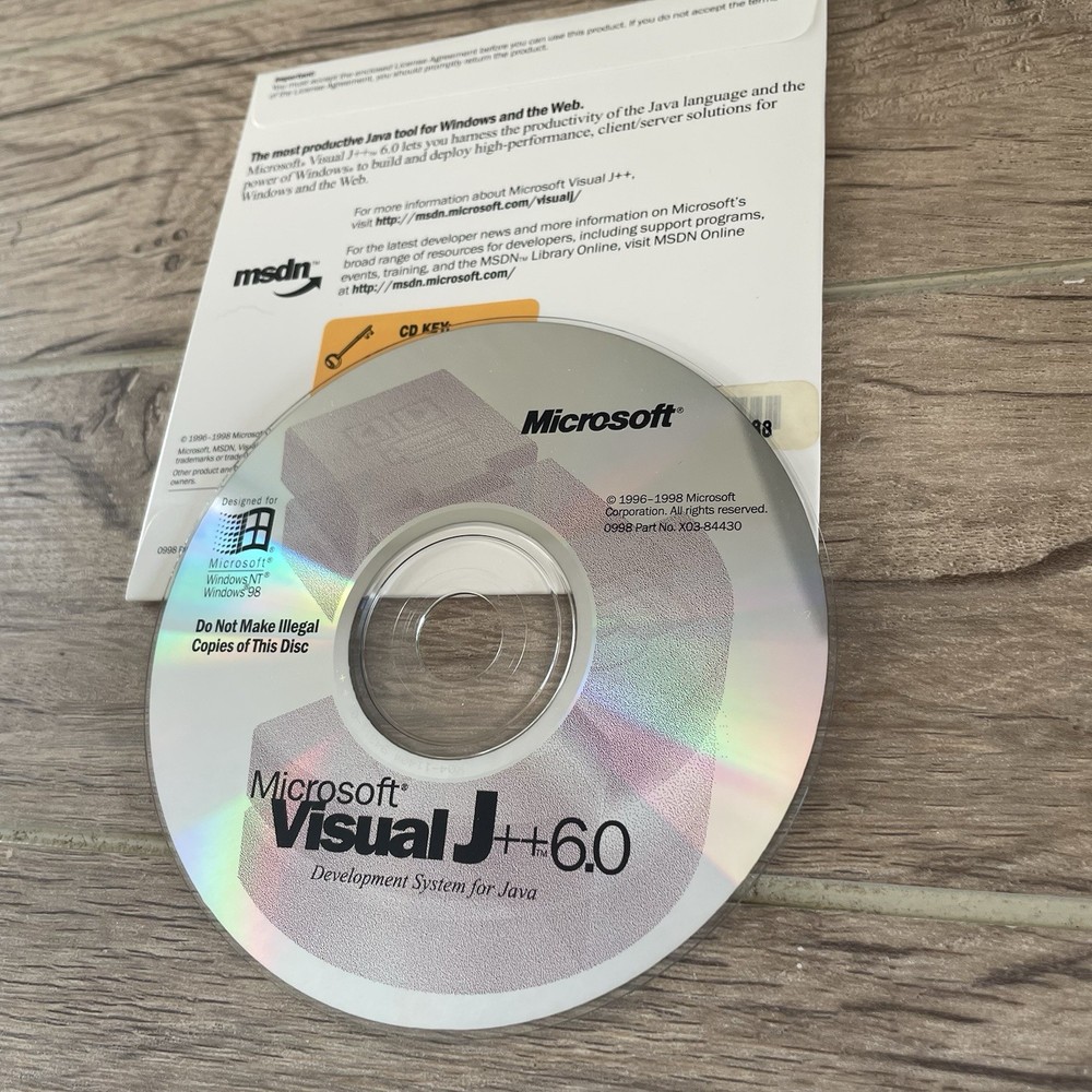 Microsoft Visual J++ 6.0 Original CD-ROM with CD Key Java Development Software