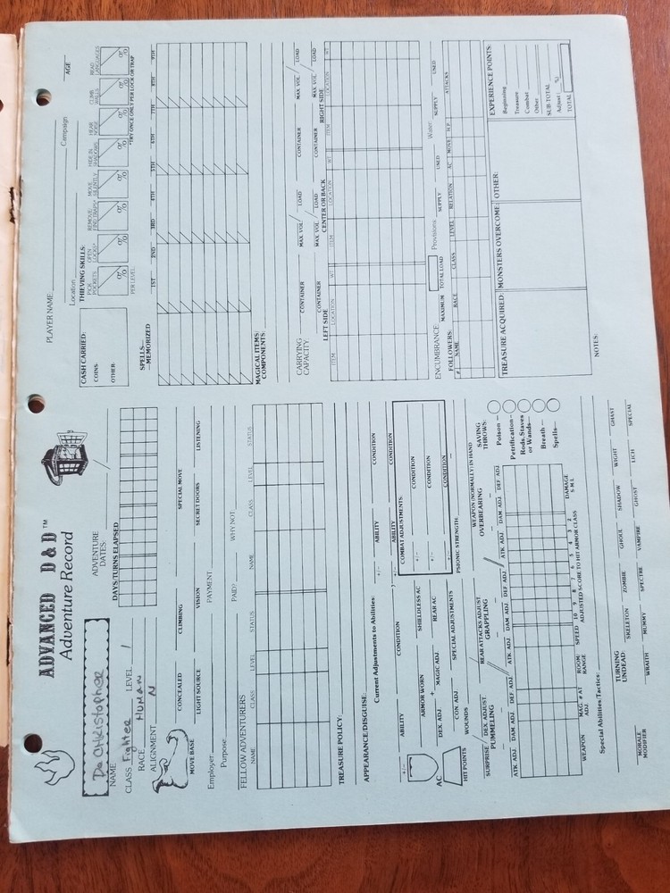 AD&D 1st Edition Permanent Character Folder - Sheet And Adventure Records TSR