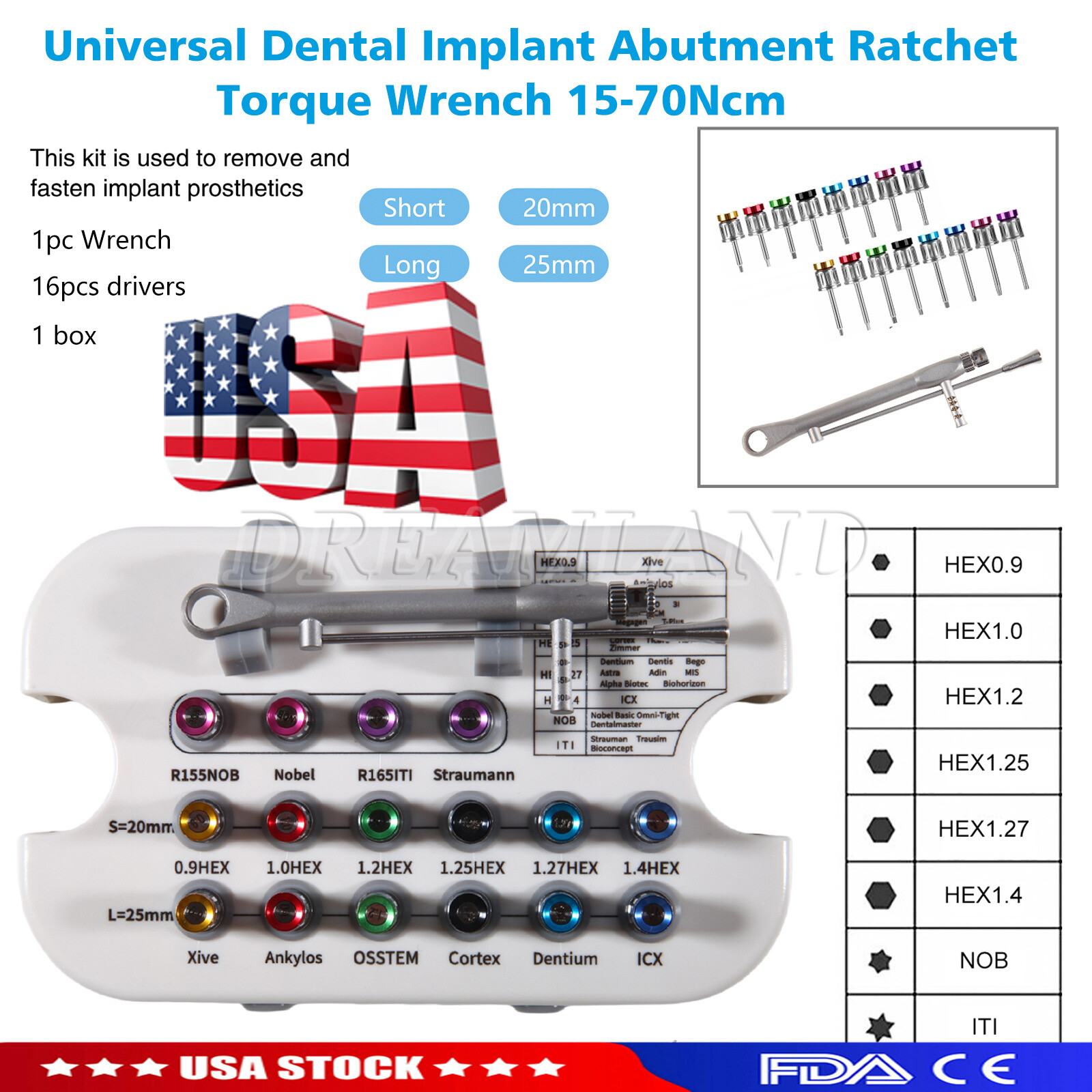 Dental Universal Implant Prosthetic Kit Torque Wrench Screw Drivers Remover USA