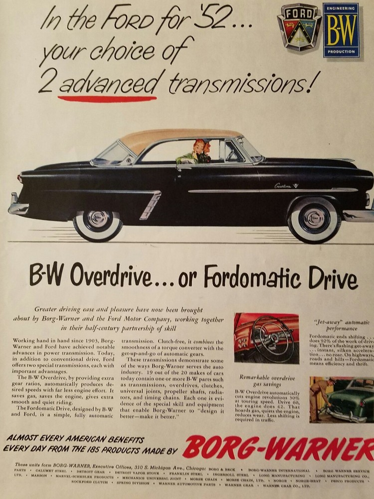 1952 navy blue Ford Custom Car Borg Warner color Ad