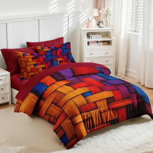 7 Pcs Comforter Set Size, Colorful Geometric Bedding Set for Full Geometric 3