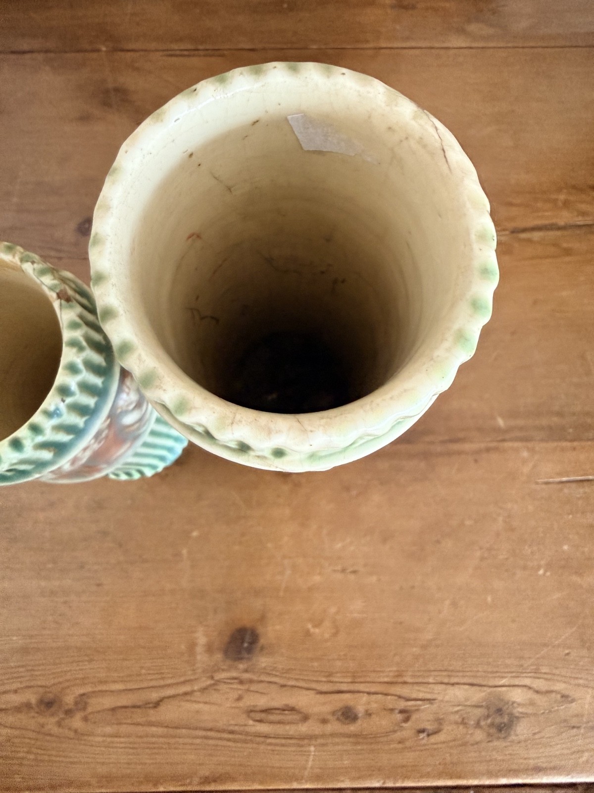 Pair Antique Roseville Donatello Cherub Bud Vases Green Art Pottery 1916