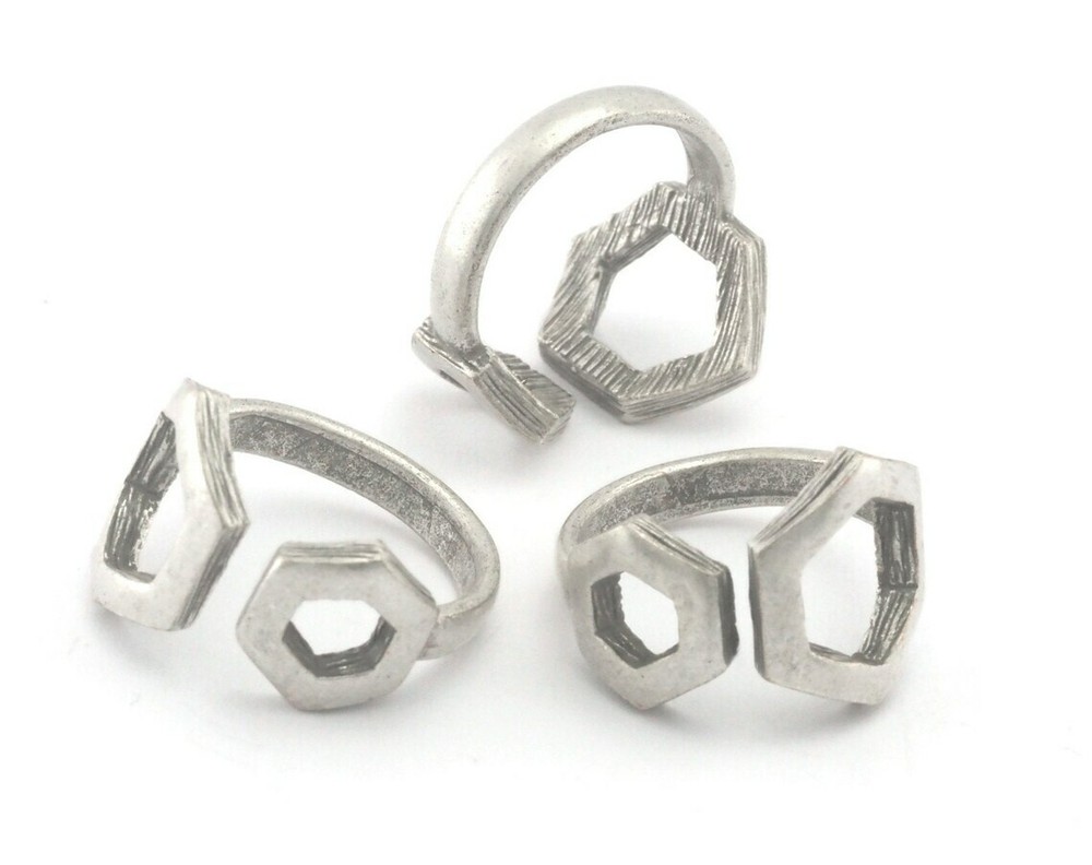 Hexagonal Frames Adjustable Ring Antique silver plated brass 6-8US size 4349