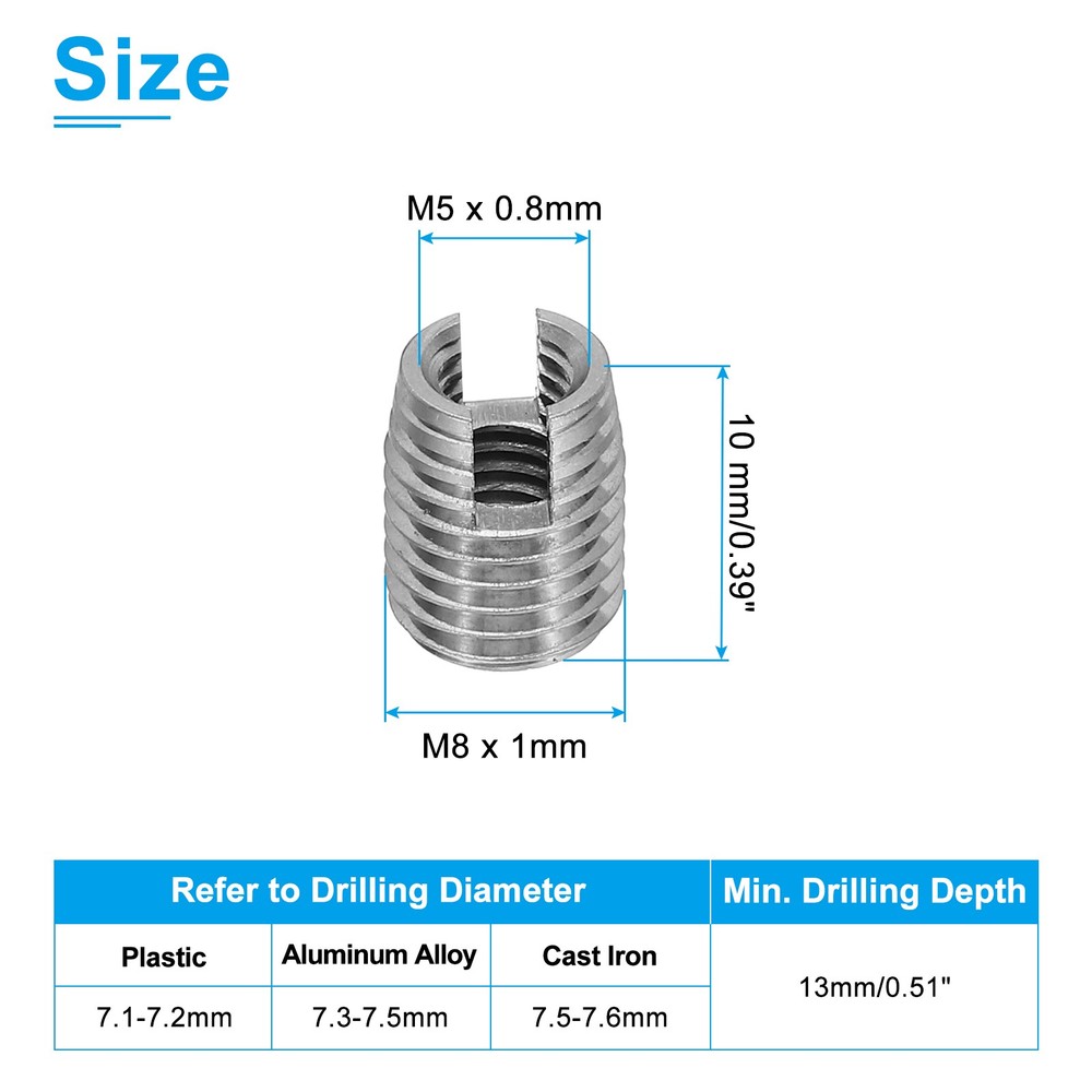 40Pack 303 Stainless Steel M5 x M8 x 10mm Self-Tapping Threaded Inserts