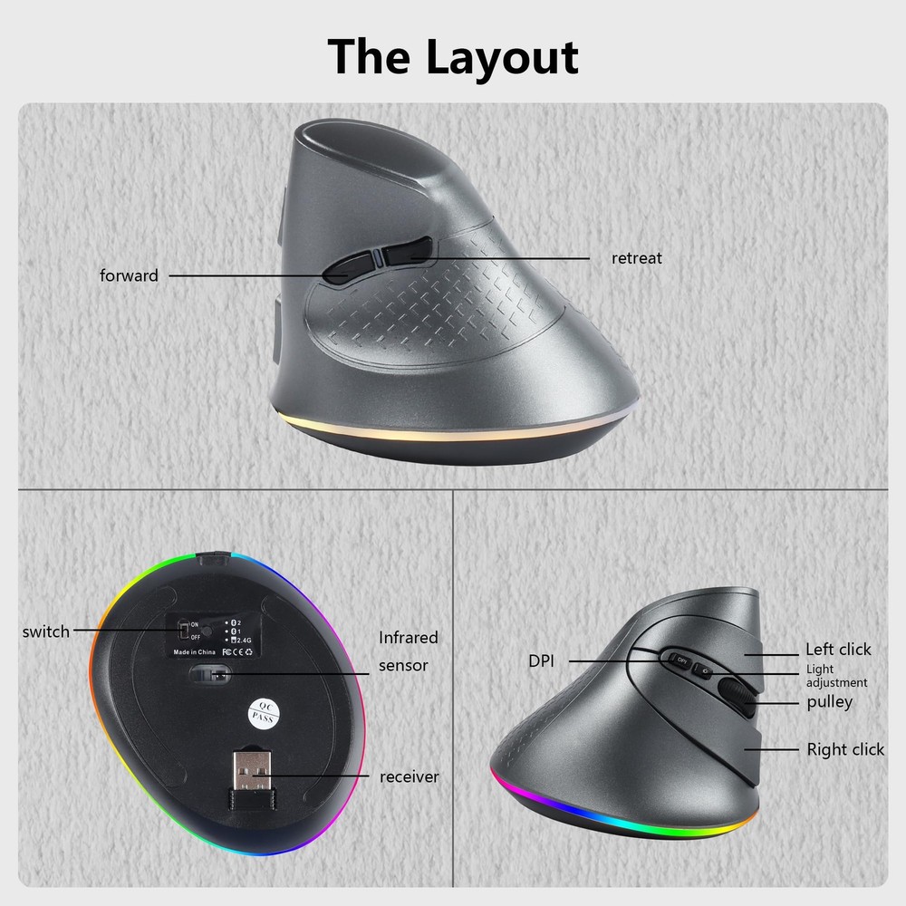 2.4G Wireless Mouse Ergonomic Vertical Bluetooth RGB USB Receiver Grey