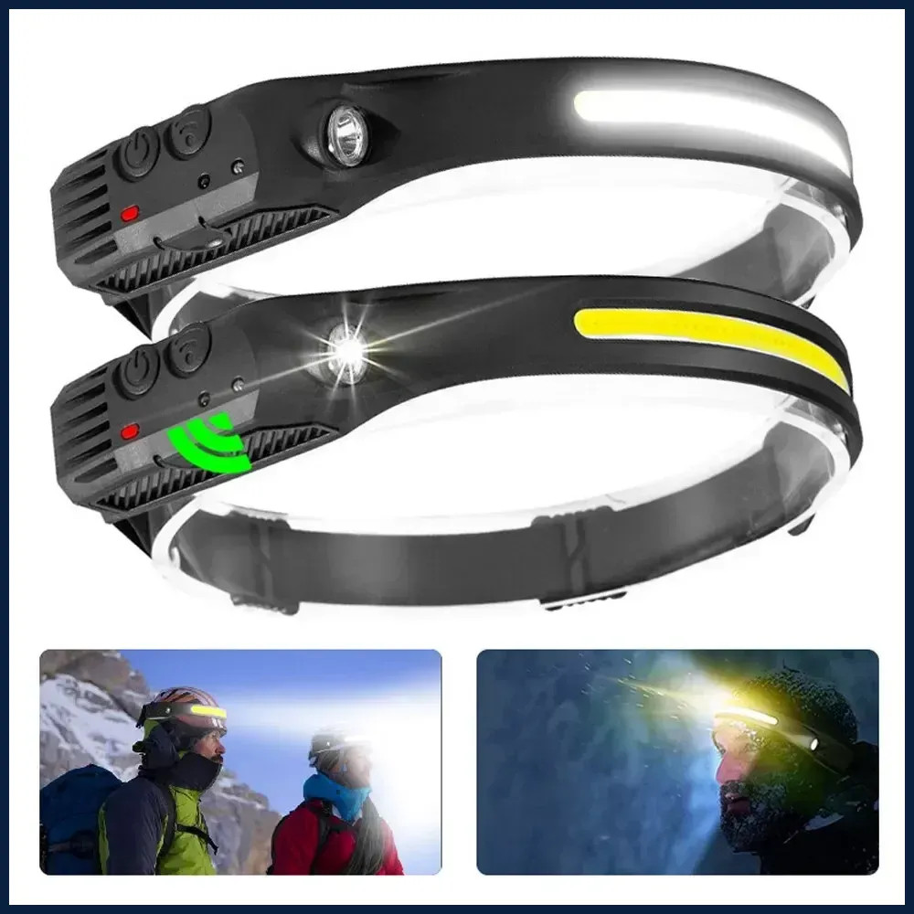 COB LED Flashlight USB Rechargeable Hand Sweep Sensor Headlamp 5 Lighting Modes