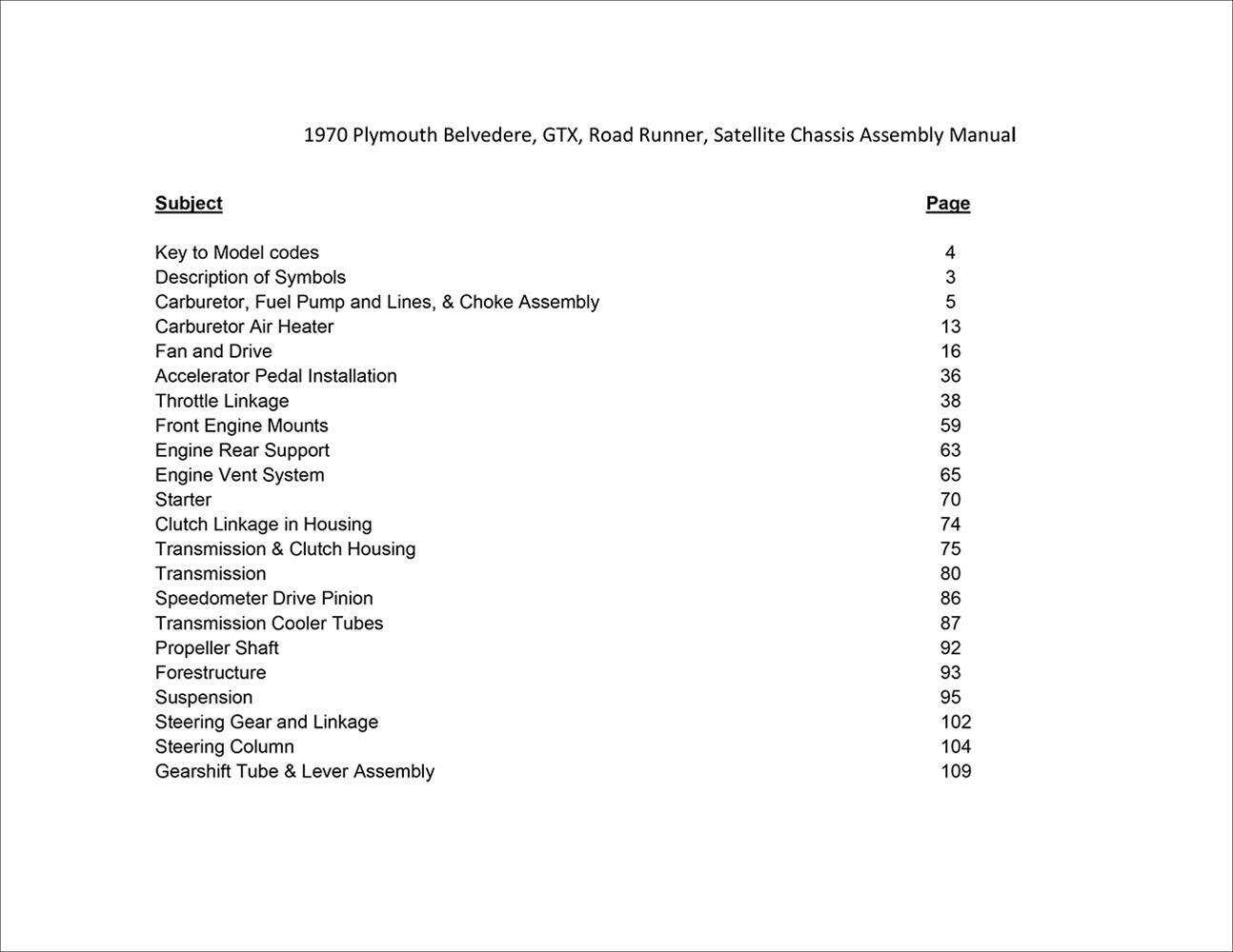 1970 Plymouth Chassis Assembly Manual Satellite GTX Road Runner Belvedere Engine