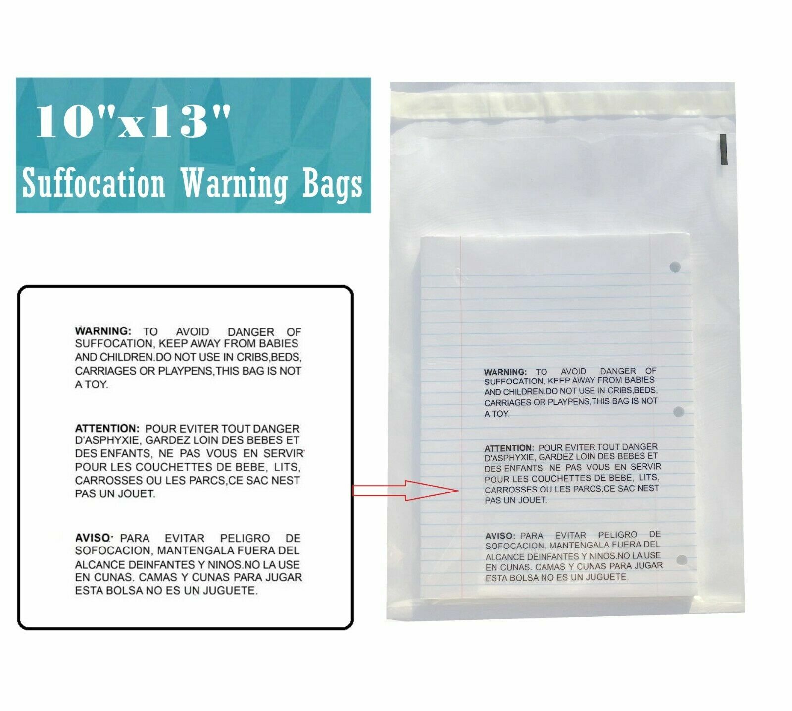 300 10x13 Self Seal Suffocation Warning Clear Poly Bags 1.5 mil -ST ShipMailers