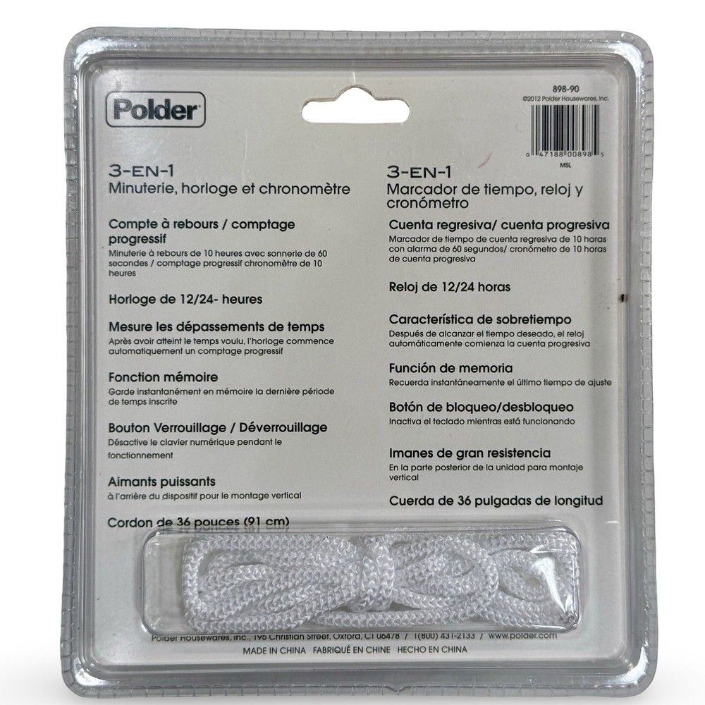 NEW Polder 3-IN-1 Timer Clock & Stopwatch 898-90 Multi Function Tool w/ Lanyard