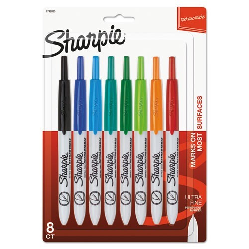 Sharpie Assorted Retractable Permanent Marker, Extra-Fine Needle Tip, 8/Set